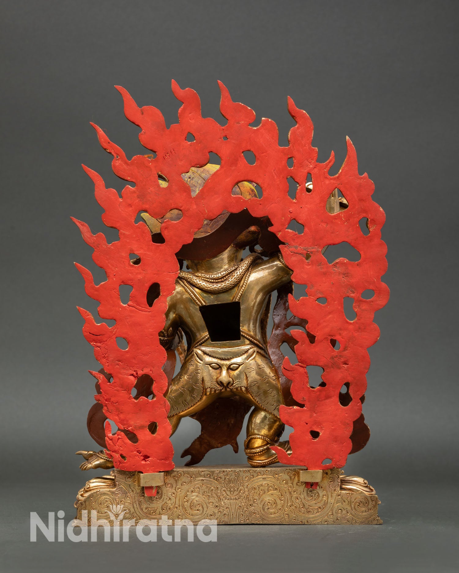 Back view of Vajrapani statue handcrafted Nepalese copper artwork gold gilded finish meditation altar ritual and Dharma protector sculpture