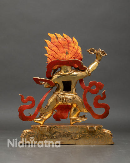 Back view of Vajrapani statue with detailed flame halo and sculpted robes