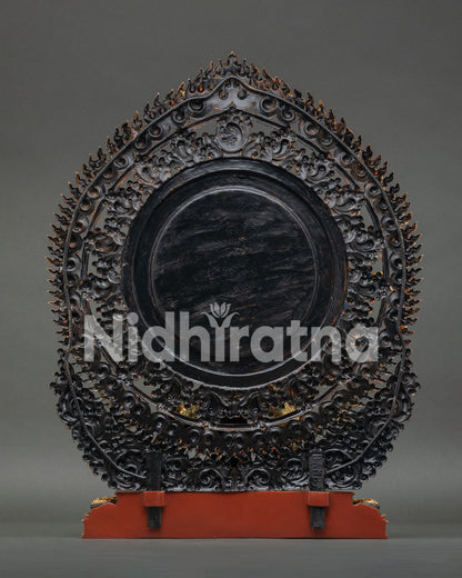 Back view of Vajrapani statue with detailed flaming aureole and handcrafted copper Buddhist art