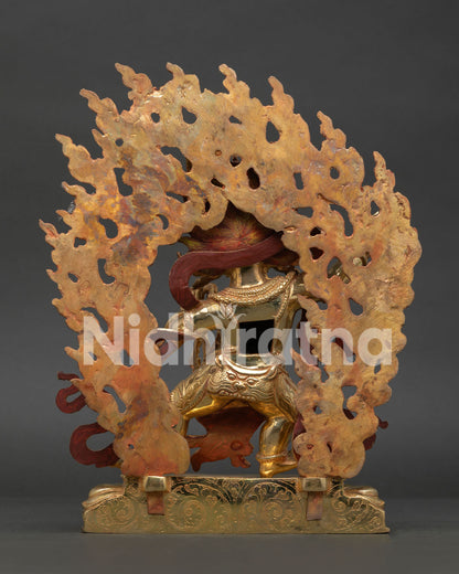Back View of Vajrapani Wrathful Protector Statue Showing Flaming Halo Lotus Base and Traditional Himalayan Art Details