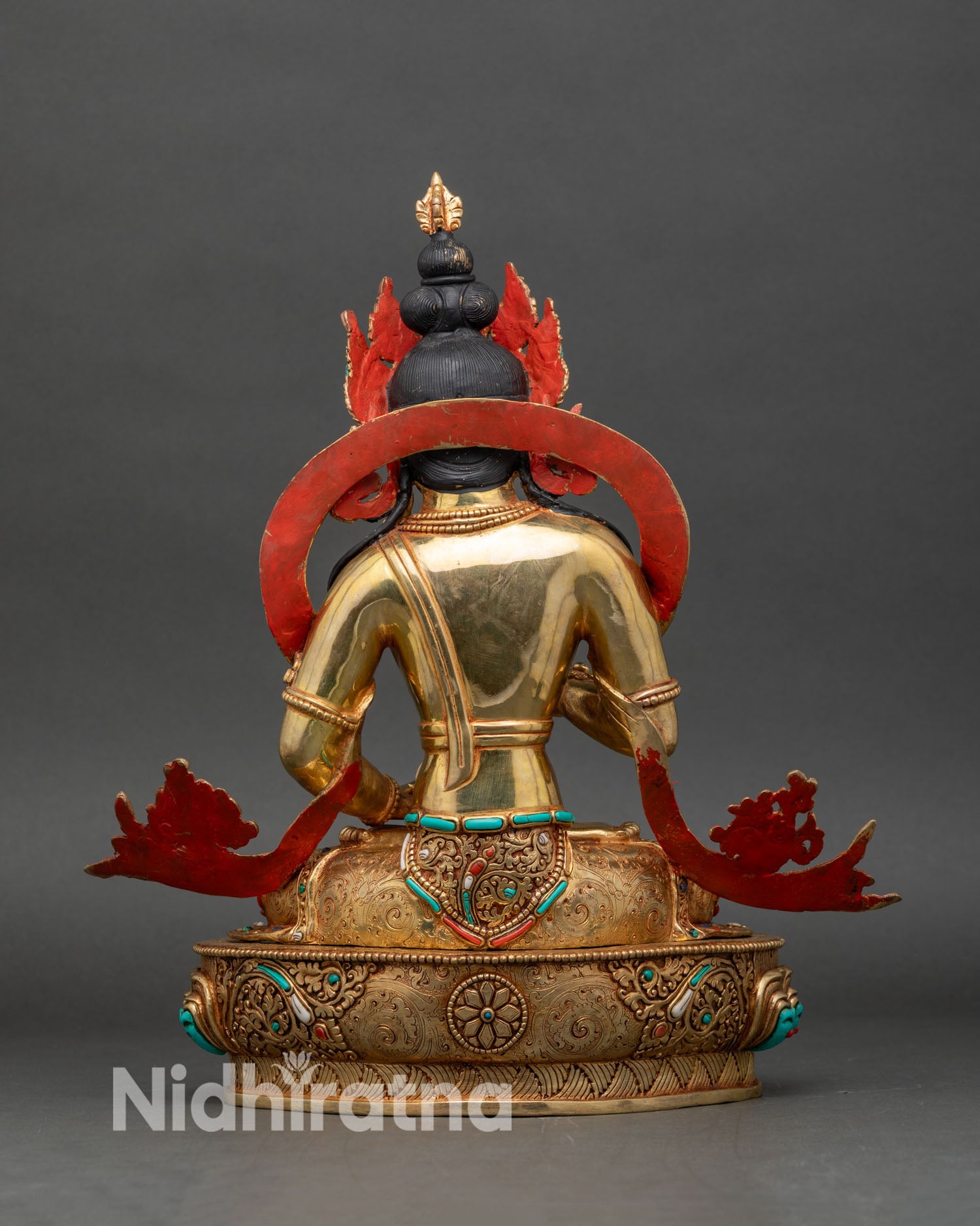 Back view of Vajrasattva Dorje Sempa statue, fire-gilded copper sculpture with flowing robes
