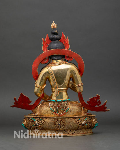 Back view of Vajrasattva Dorje Sempa statue, fire-gilded copper sculpture with flowing robes
