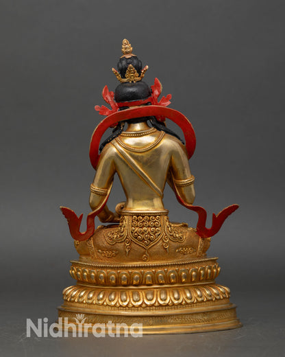 back view of vajrasattva statue with detailed robes and lotus throne engraving