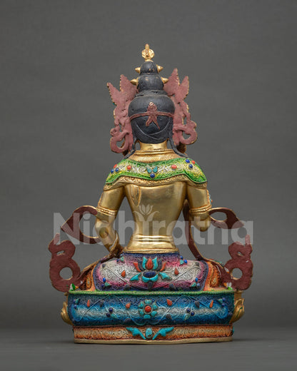 Back view of Vajrasattva statue with silver-plated filigree set with turquoise, lapis and coral