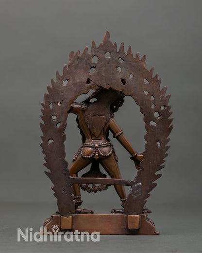 Back view of Vajrayogini sculpture with radiant halo, handcrafted Newari Nepal statue.