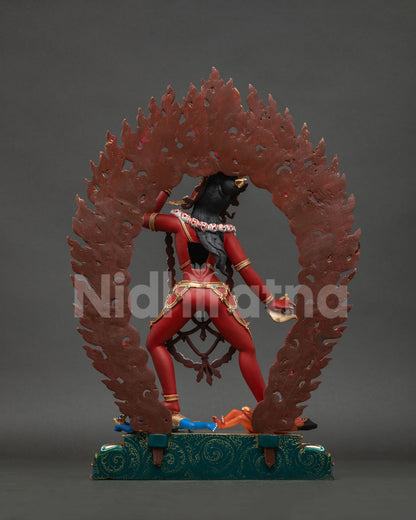 Back view of Vajrayogini statue showing gold gilding, jewelry and intricate craftsmanship