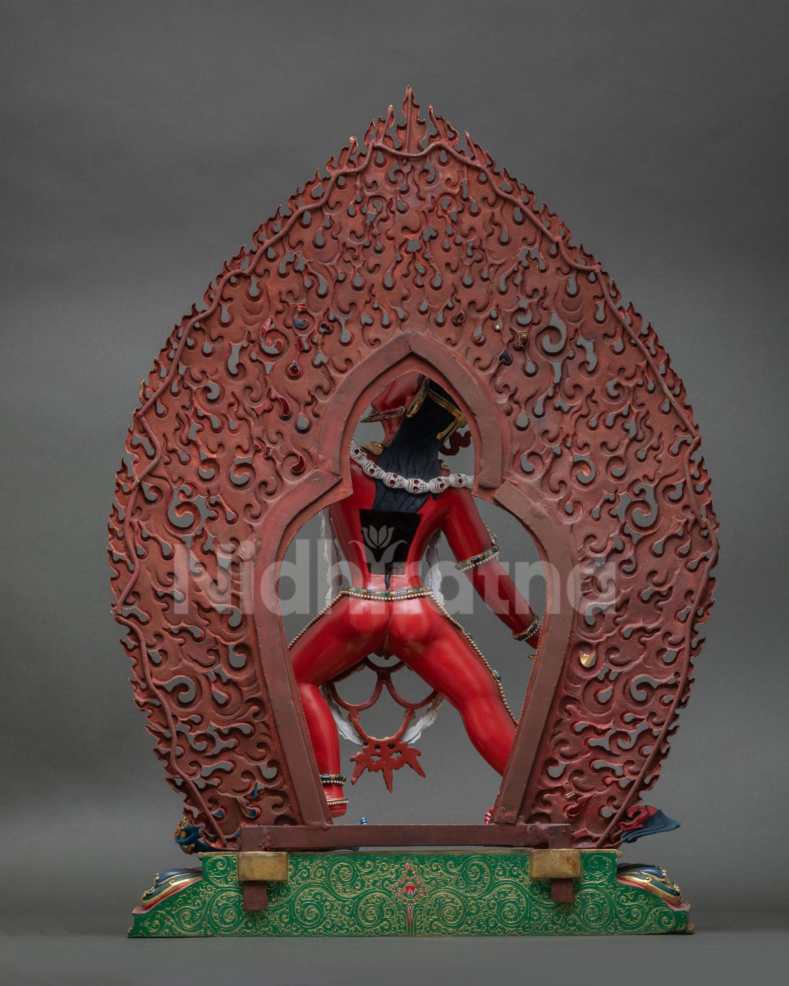 back view of vajrayogini statue showing ornate details and gilded craftsmanship