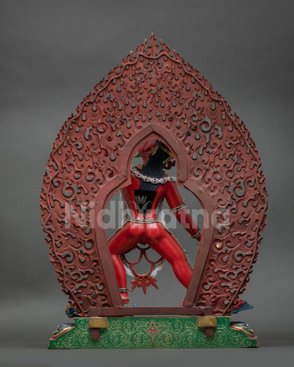 back view of vajrayogini statue showing ornate details and gilded craftsmanship