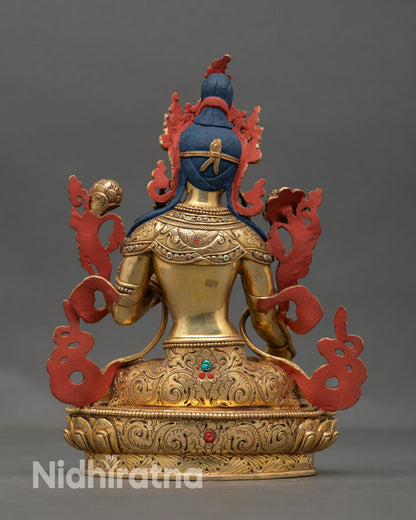 Back view of White Tara statue highlighting intricate lost wax casting work, copper structure, and traditional Nepalese spiritual sculpture