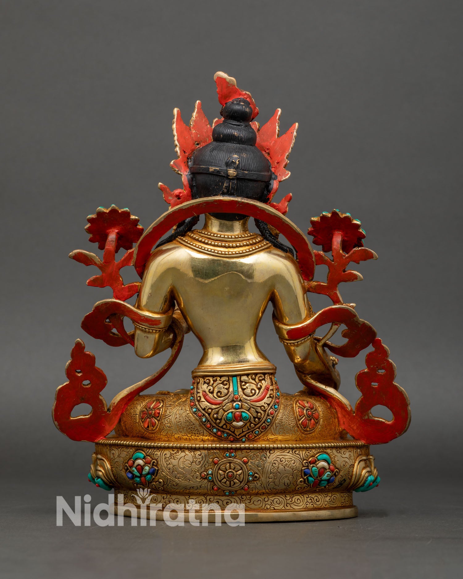 Back view of White Tara statue made with traditional lost wax method showcasing craftsmanship from Patan Nepal