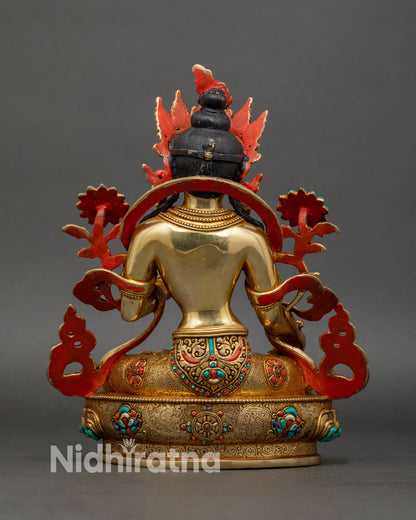 Back view of White Tara statue made with traditional lost wax method showcasing craftsmanship from Patan Nepal