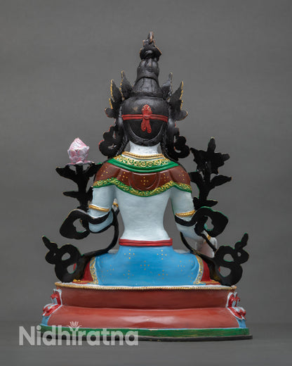 Back view of White Tara statue revealing detailed craftsmanship, crown ornaments, and traditional Himalayan sculptural artistry.