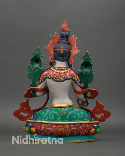 Back view of White Tara statue showing copper craftsmanship, gold details, and traditional Nepalese altar art
