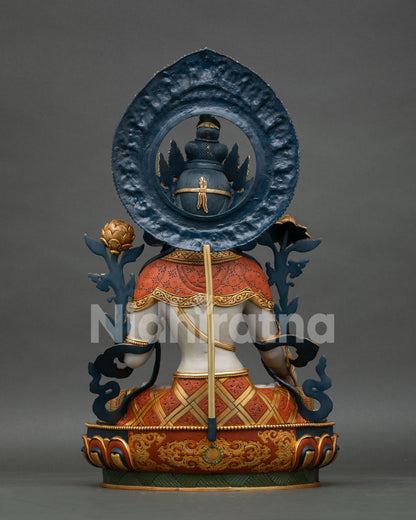 back view of white tara statue showing engraved halo and lotus pedestal design