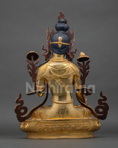 back view of white tara statue with engraved copper detailing and lotus seat design