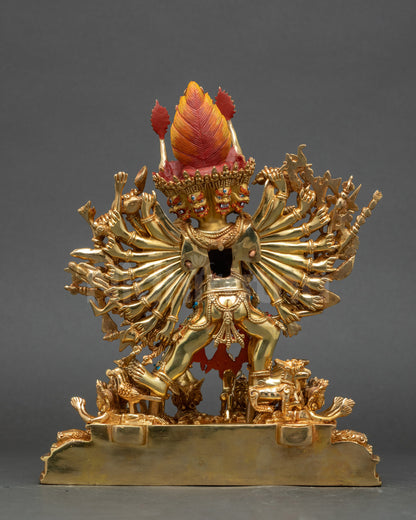 Back view of Yamantaka sculpture displaying crowns jewelry and ritual adornments