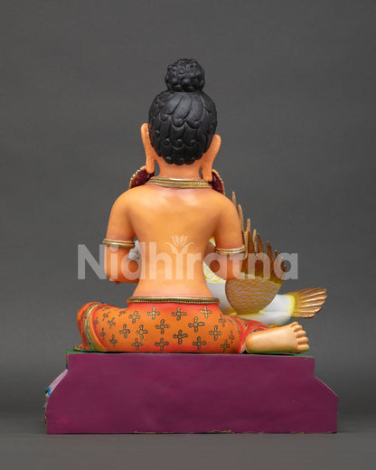 Back view of Young Buddha Saving the Swan handcrafted copper Buddhist statue