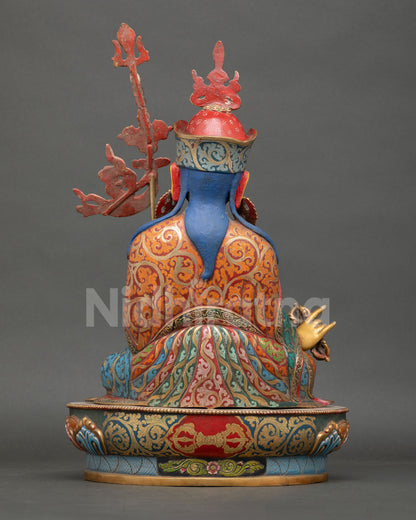 Back view of Padmasambhava Statue, Nepal, handmade gold gilded copper sacred artwork, meditation decor