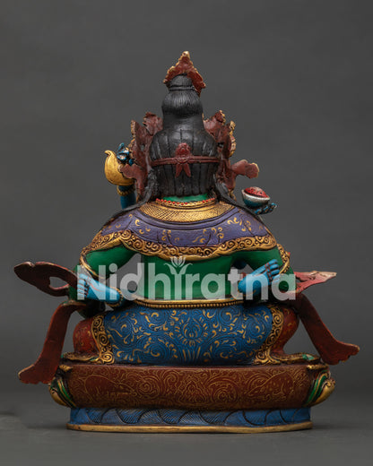 back view reveals the handcrafted lotus seat and halo of the Green Dzambhala statue