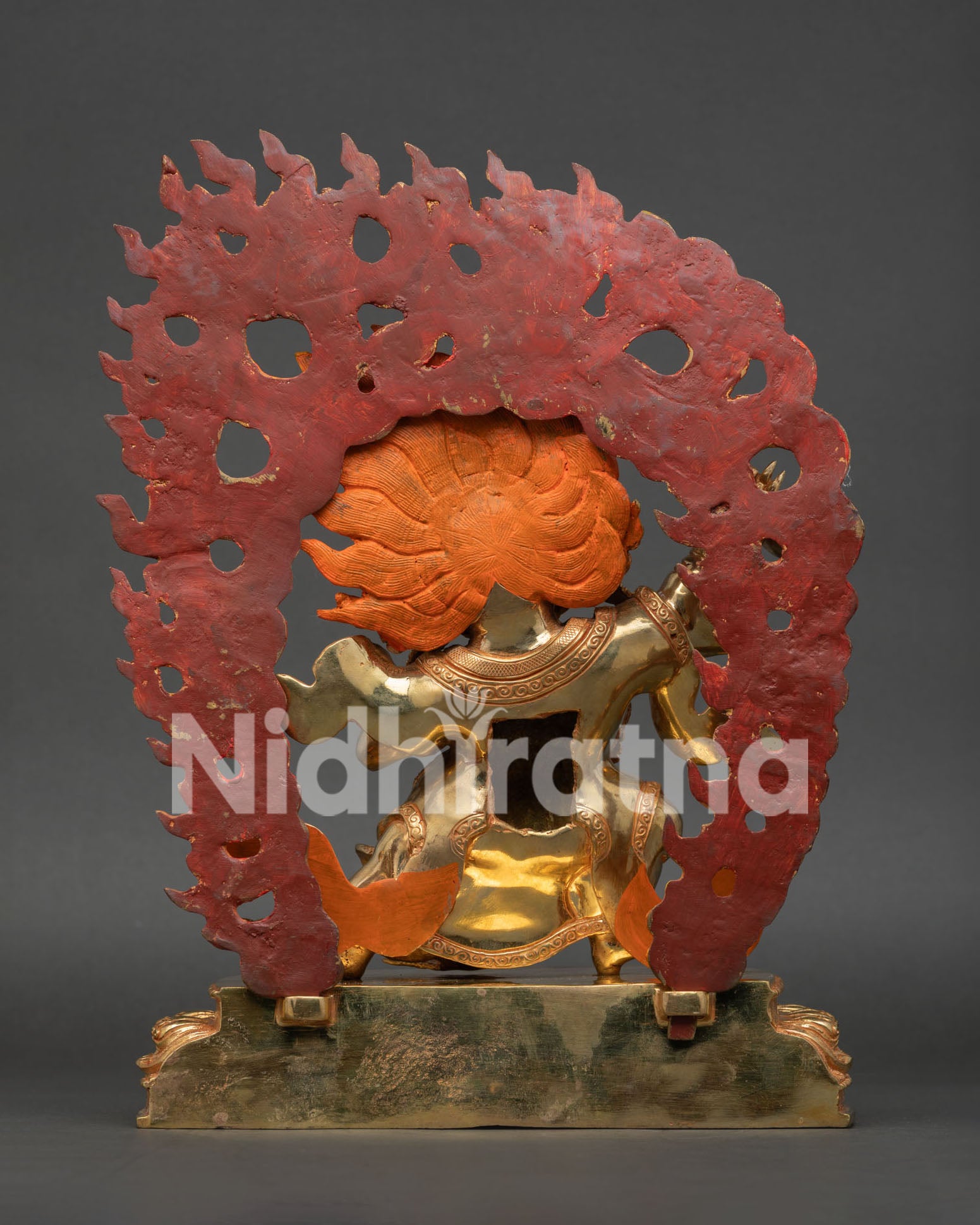Back view reveals the intricate flame halo and traditional Newari craftsmanship on the Mahakala Bernagchen statue