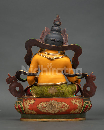 Back view of Dzambhala statue for buddhist altar, spiritual home decor, handcrafted copper statue from nepal