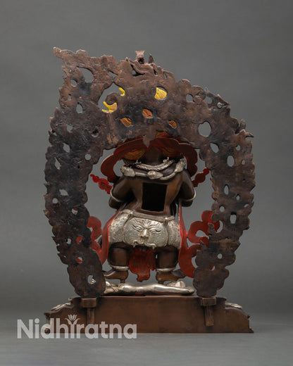 Back view of Sakya Mahakala statue featuring halo, miniature Garuda, and Nepalese sacred Buddhist art