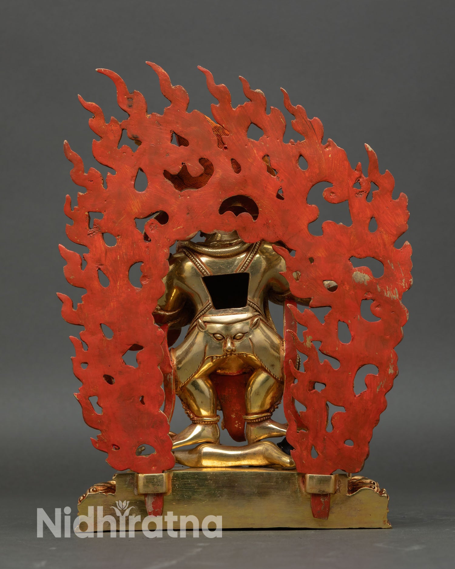Back view of Sakya Mahakala statue handcrafted in Nepal, altar decor for spiritual protection deity