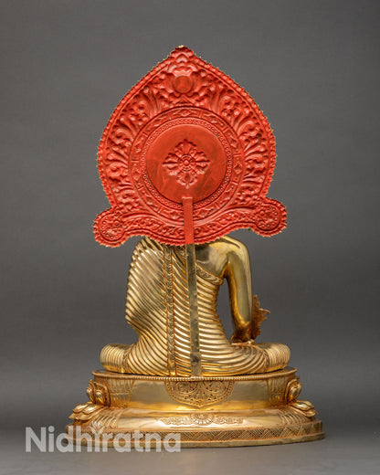 Back view Sangya Menla Medicine Buddha intricate halo copper Buddhist decor