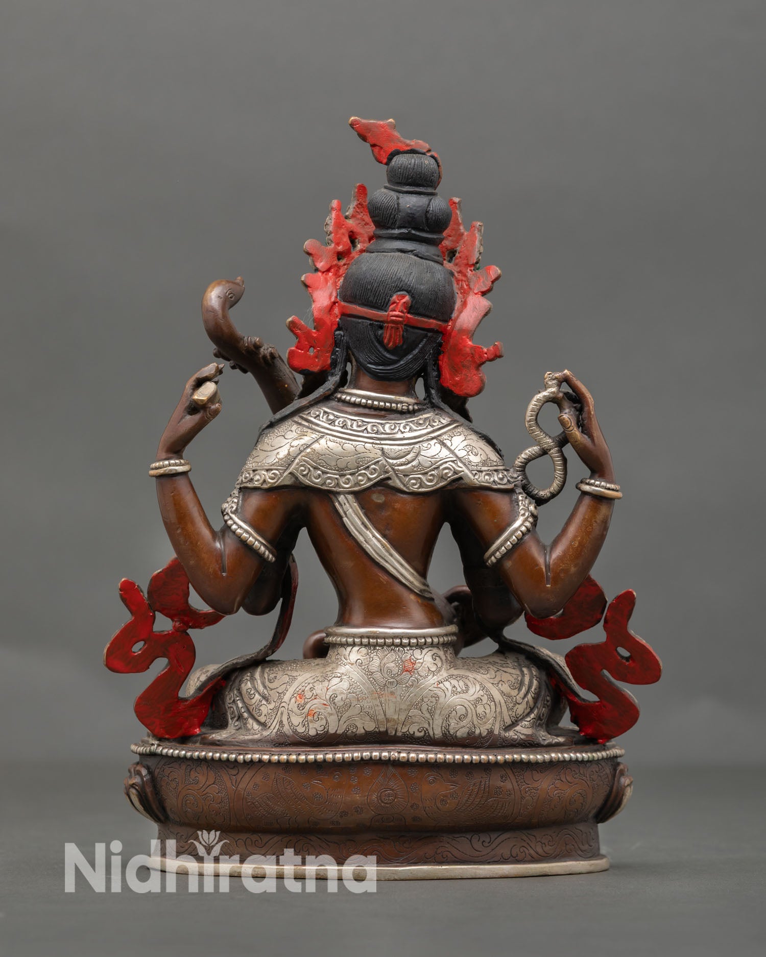 Back view Saraswati statue floral motifs swan detail Nepal handmade wisdom Goddess sculpture for shrine decor meditation space