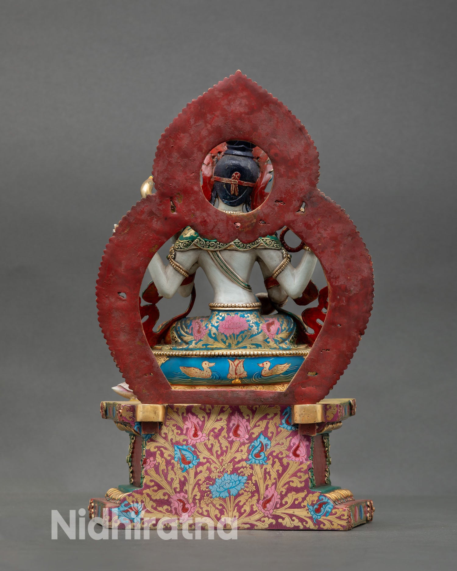 Back view Saraswati statue ornate throne floral motifs detail, wisdom goddess sculpture for home shrine and meditation space