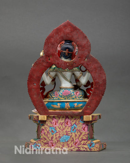 Back view Saraswati statue ornate throne floral motifs detail, wisdom goddess sculpture for home shrine and meditation space