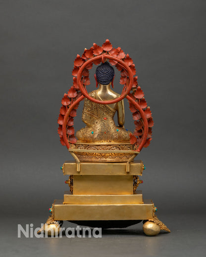 Back view of Shakyamuni Buddha copper gold gilded sacred Himalayan metalwork statue Nepal