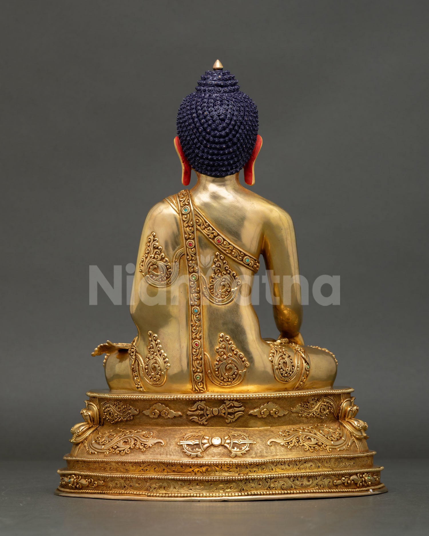 Back view Shakyamuni Buddha copper statue, robe engravings, 24K gold, Nepal
