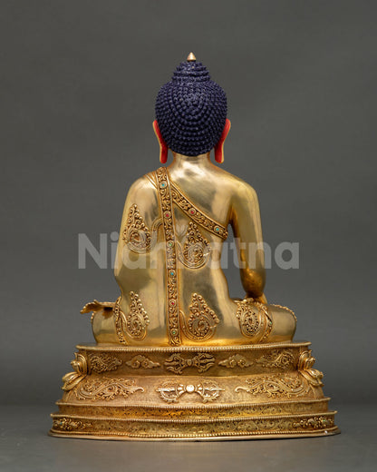 Back view Shakyamuni Buddha copper statue, robe engravings, 24K gold, Nepal