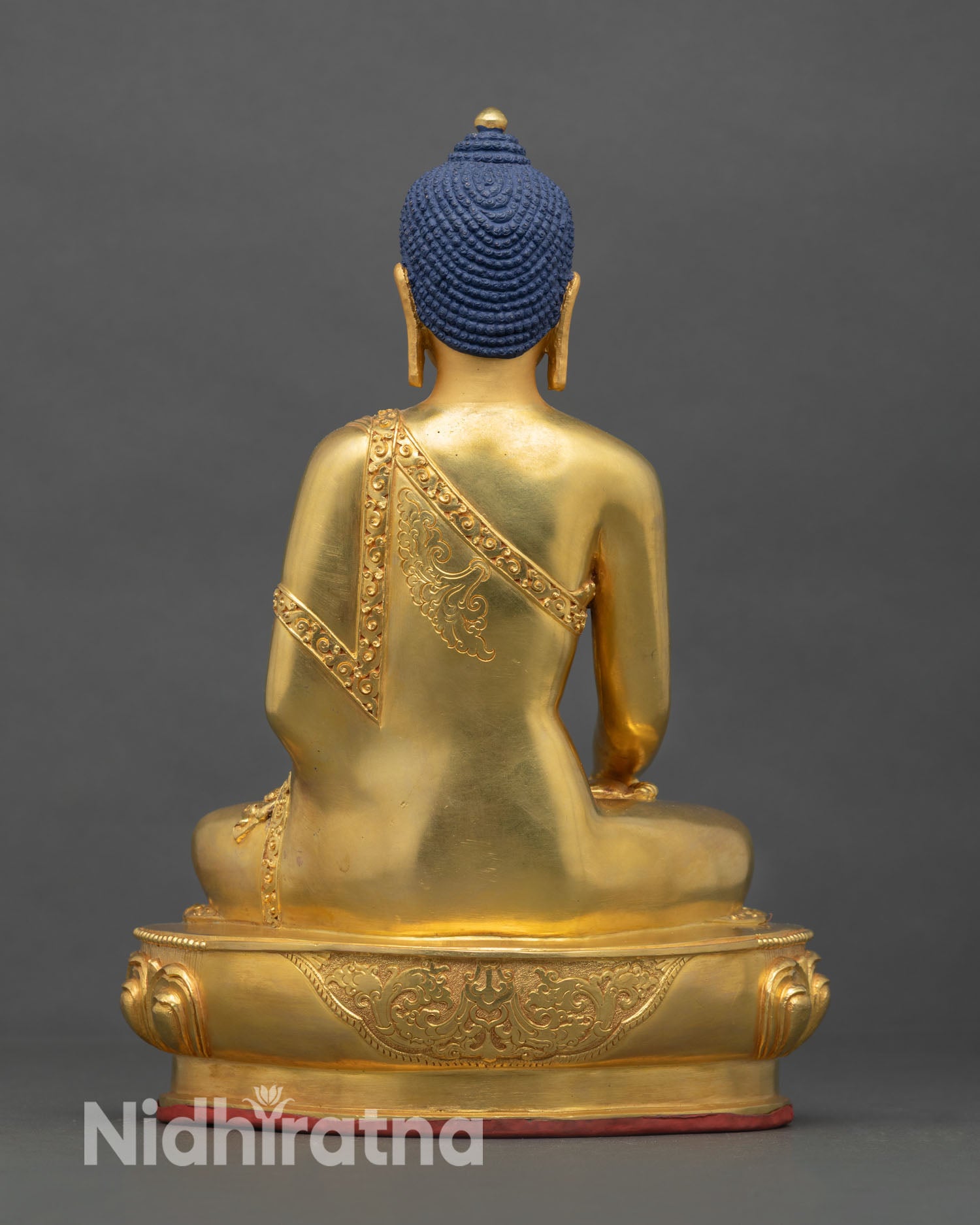 Back view of Shakyamuni Buddha handcrafted statue oxidized copper fine detailing Buddhist sculpture Nepal sacred art piece