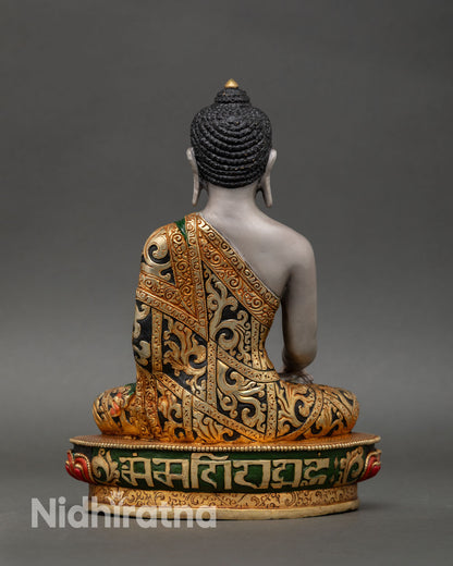 Back view of Shakyamuni Buddha sculpture Nepal handmade copper statue gold gilded finish meditation altar spiritual home decor piece