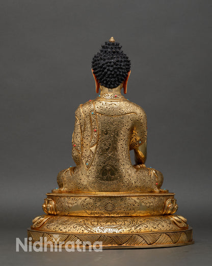 back view shakyamuni buddha statue detailed engraved base lotus pedestal copper alloy gold gilded nepal artisan work