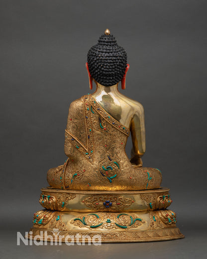 back view shakyamuni buddha statue, detailed lotus base and handcrafted finish