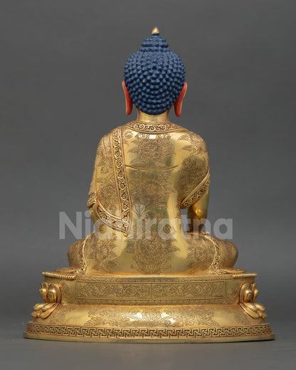Back view of Shakyamuni Buddha statue double lotus base intricate robe carving Nepal handmade sacred sculpture spiritual home altar decoration