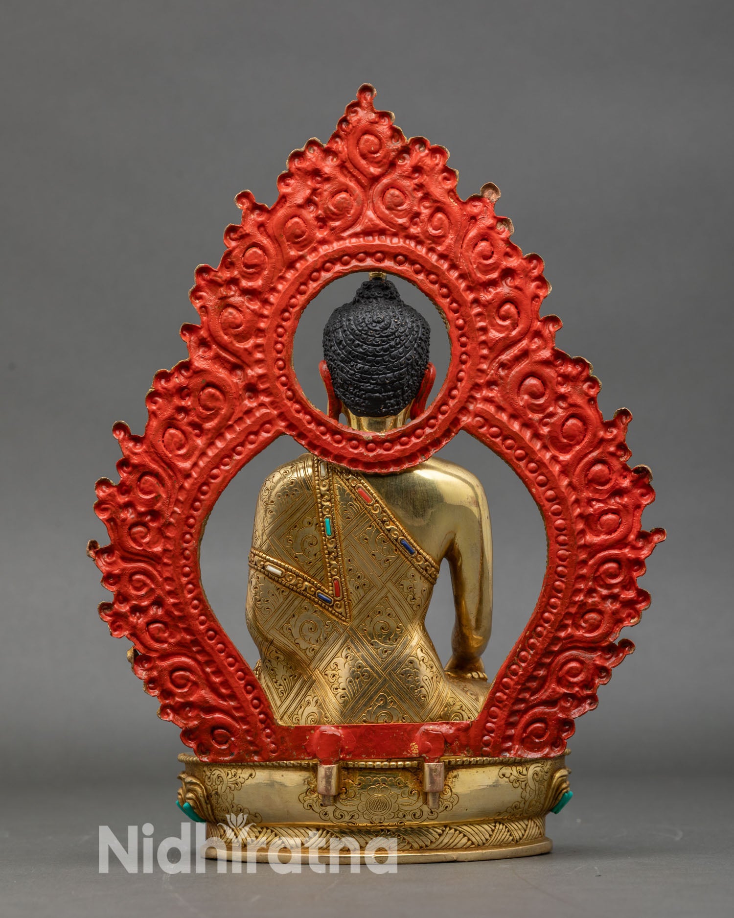 Back view Shakyamuni Buddha statue elaborate halo copper scrollwork semi precious stones