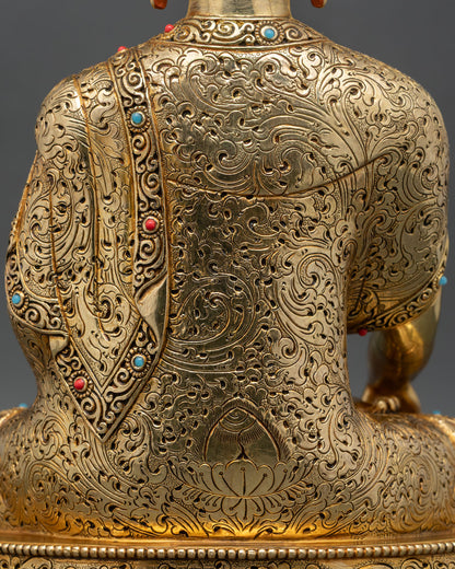 Back view Shakyamuni Buddha Statue, engraved design with gold gilded finish