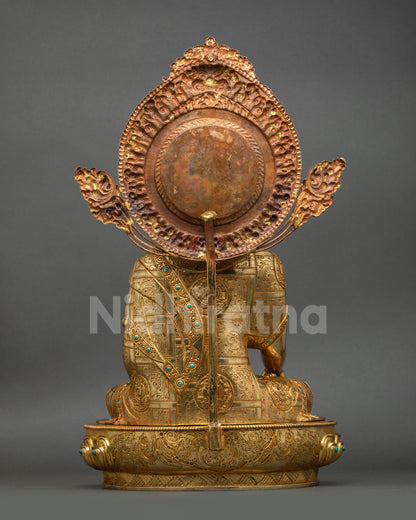 back view shakyamuni buddha statue, engraved halo aureole, lotus throne copper sculpture