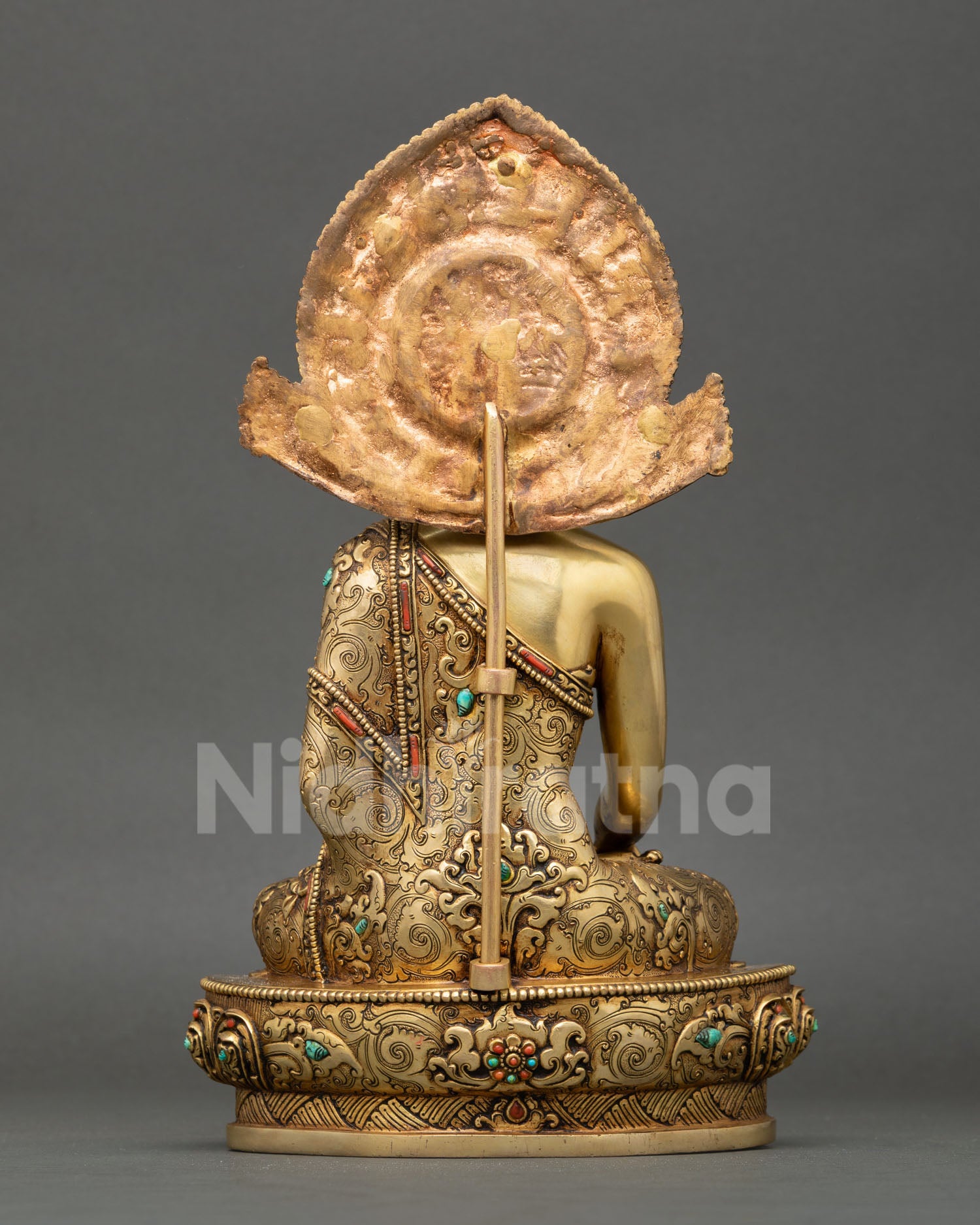 Back view of Shakyamuni Buddha statue, handcrafted Nepal Vajrayana Buddhist art, meditation altar decor, spiritual enlightenment sculpture