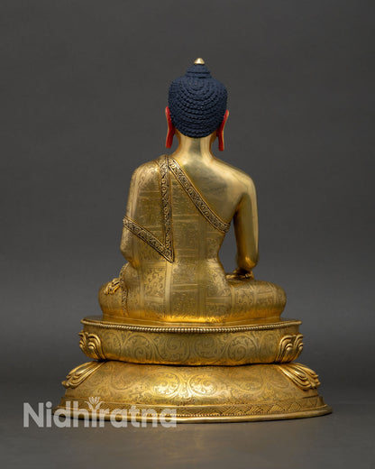 Back view Shakyamuni Buddha statue handmade Nepal engraved lotus pedestal intricate carving traditional lost wax casting artistry