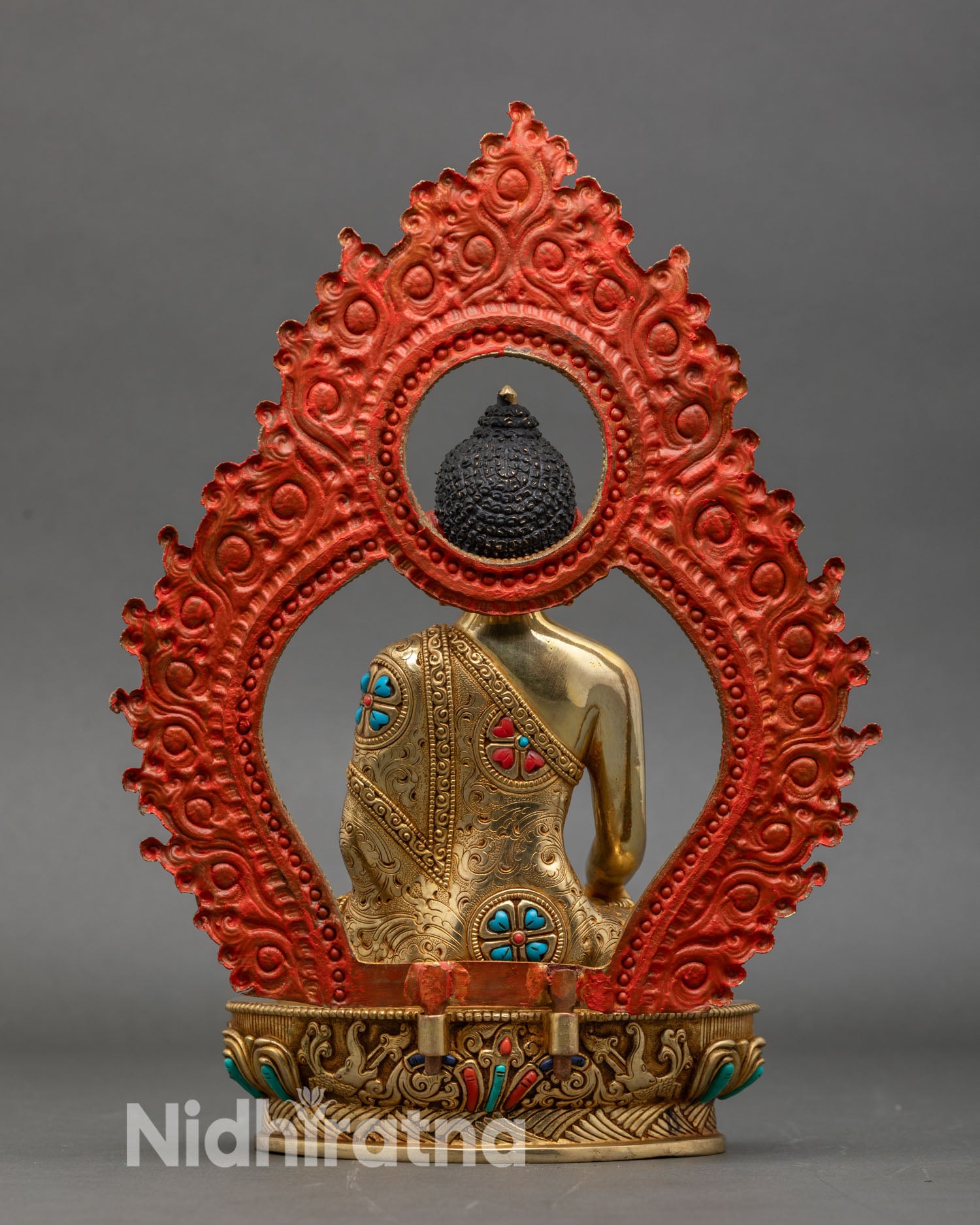 Back view Shakyamuni Buddha statue ornate halo jewel studded scrollwork handmade