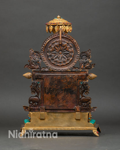 Back view Shakyamuni Buddha statue ornate throne craftsmanship intricate scrollwork halo design copper Himalayan art sculpture for altar