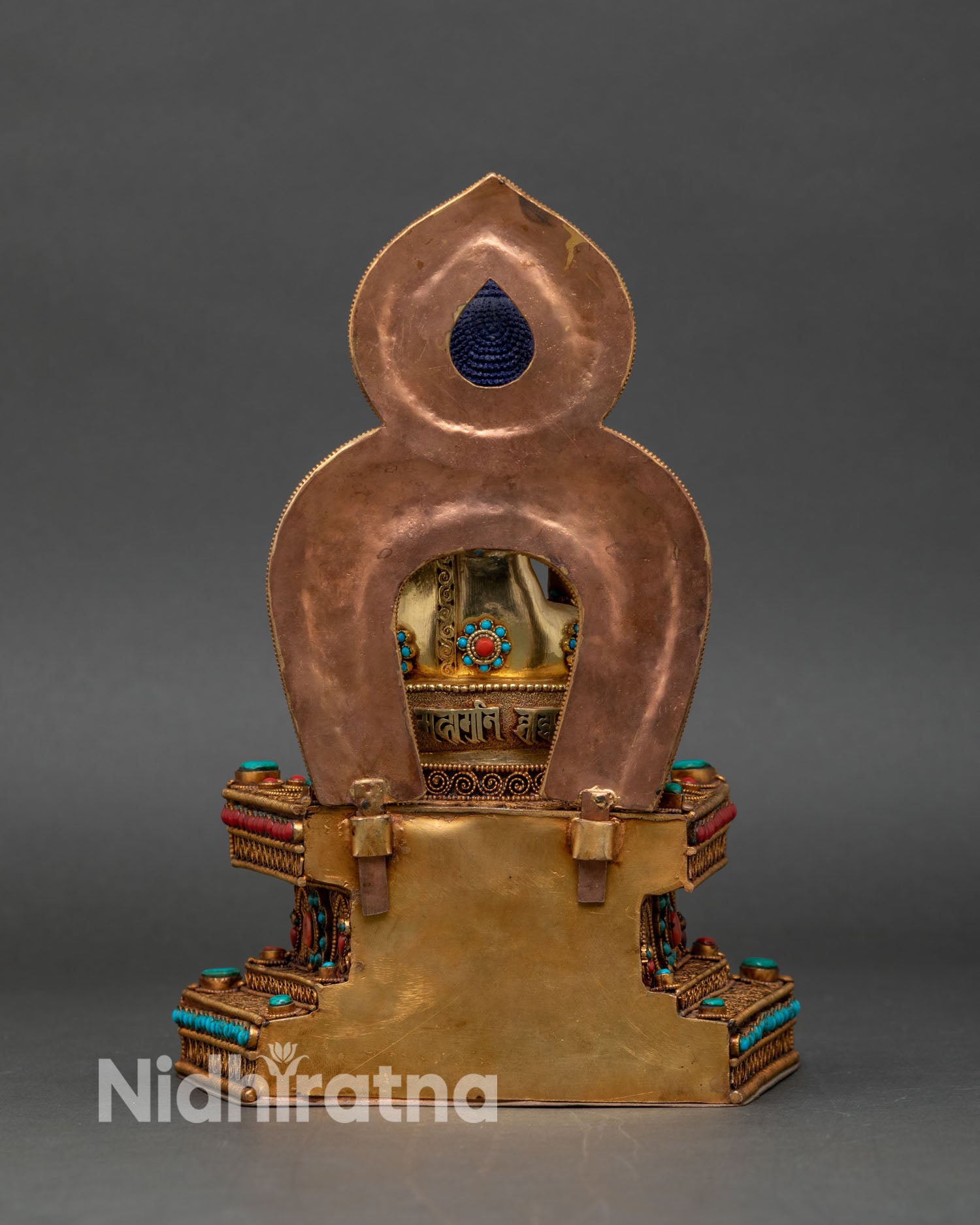 Back view of Shakyamuni Buddha statue ornate throne, gold gilded Himalayan sculpture