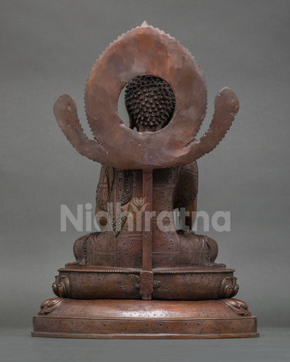 back view shakyamuni buddha statue oxidized copper halo carving lotus pedestal antique patina