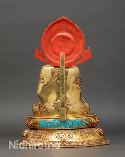 Back view Shakyamuni Buddha statue sacred mantras turquoise stone lotus throne