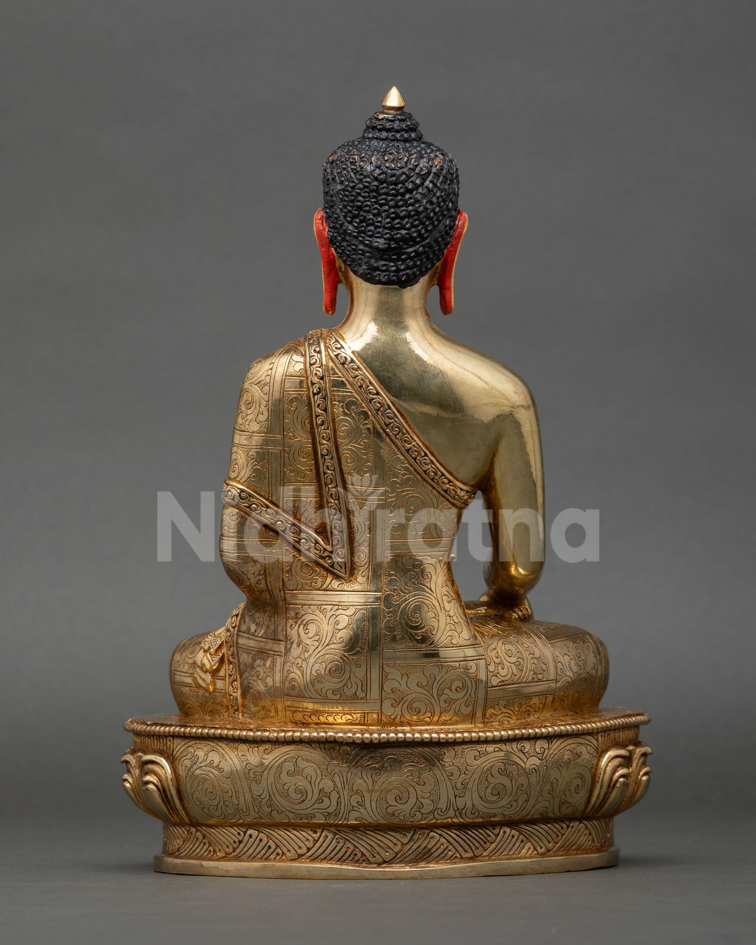 Back view of Shakyamuni Buddha statue, spiritual altar decor meditation space serene Buddhist sculpture